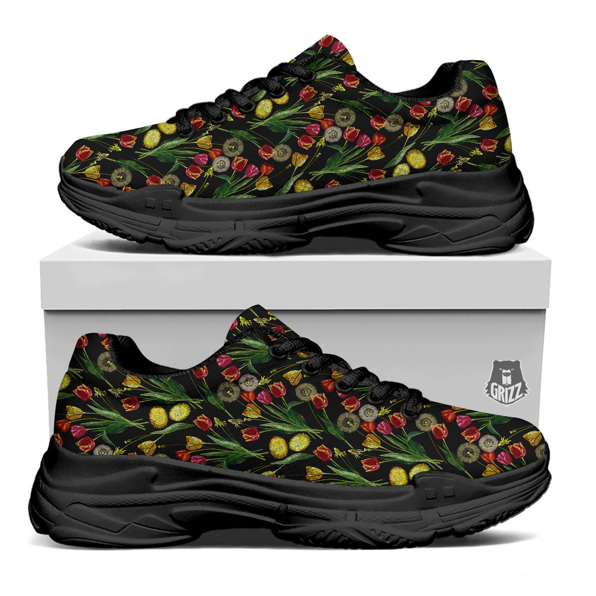 Tulip Embroidery Print Pattern Black Chunky Shoes-grizzshop