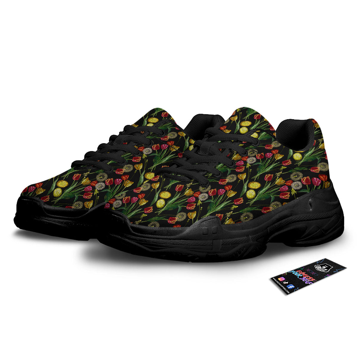 Tulip Embroidery Print Pattern Black Chunky Shoes-grizzshop