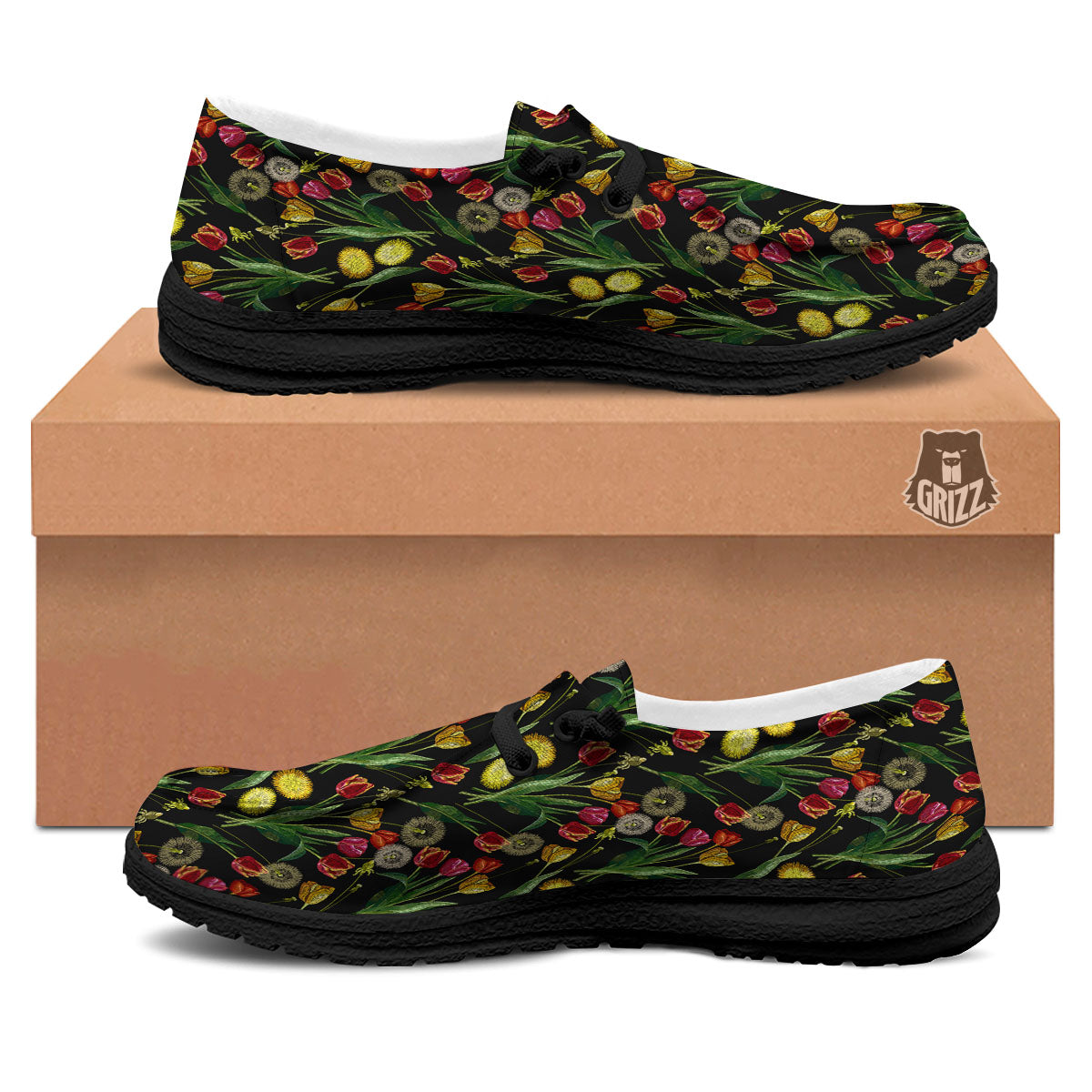 Tulip Embroidery Print Pattern Black Loafers-grizzshop