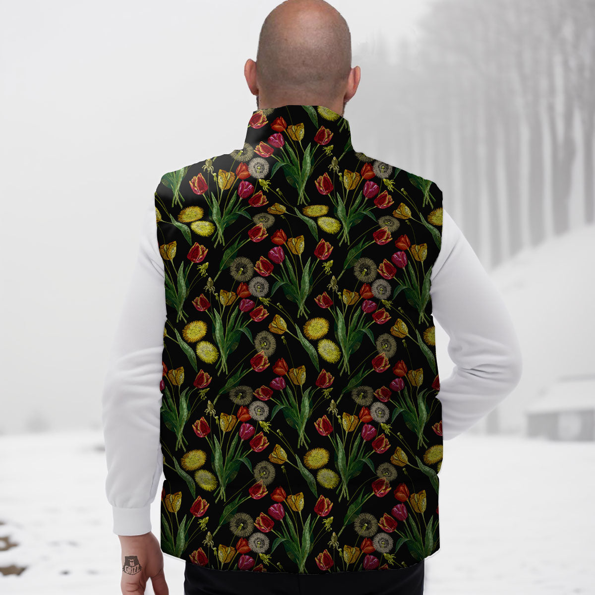 Tulip Embroidery Print Pattern Down Vest-grizzshop
