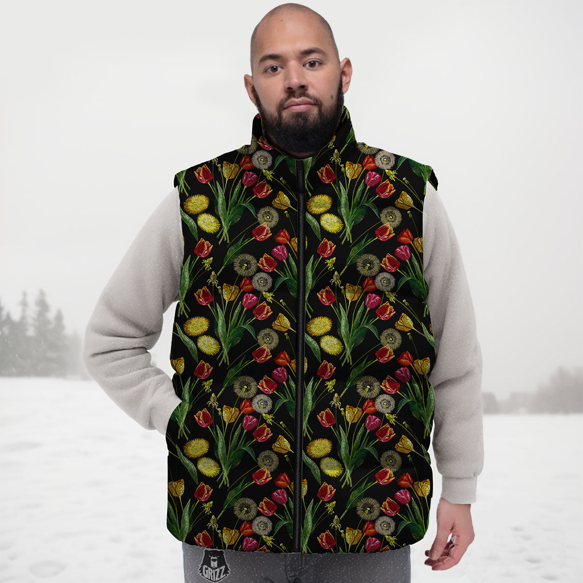 Tulip Embroidery Print Pattern Down Vest-grizzshop