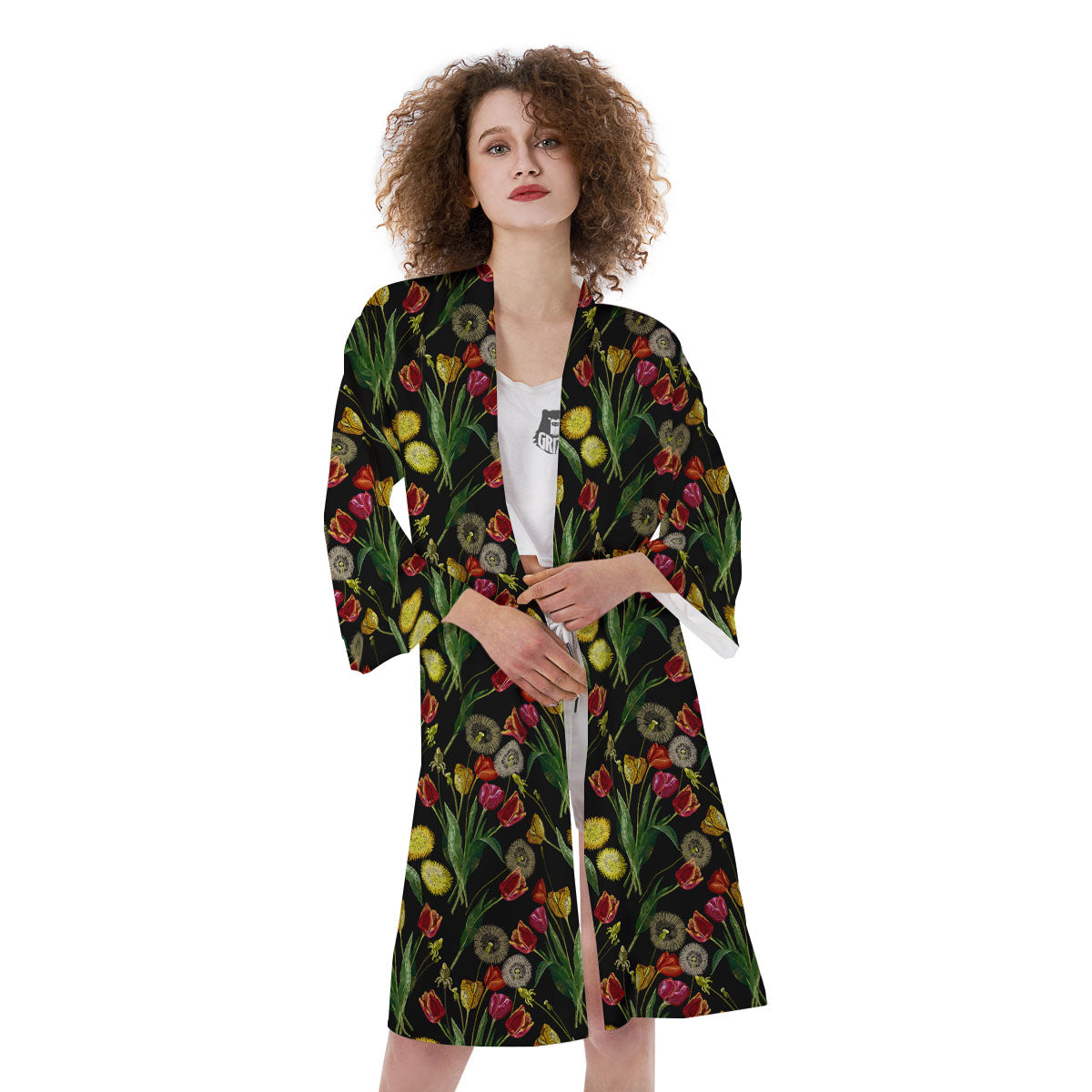 Tulip Embroidery Print Pattern Kimono-grizzshop