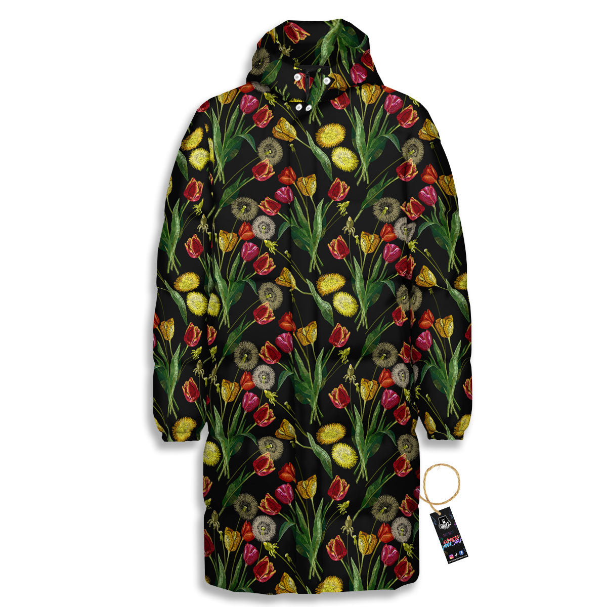 Tulip Embroidery Print Pattern Long Down Jacket-grizzshop