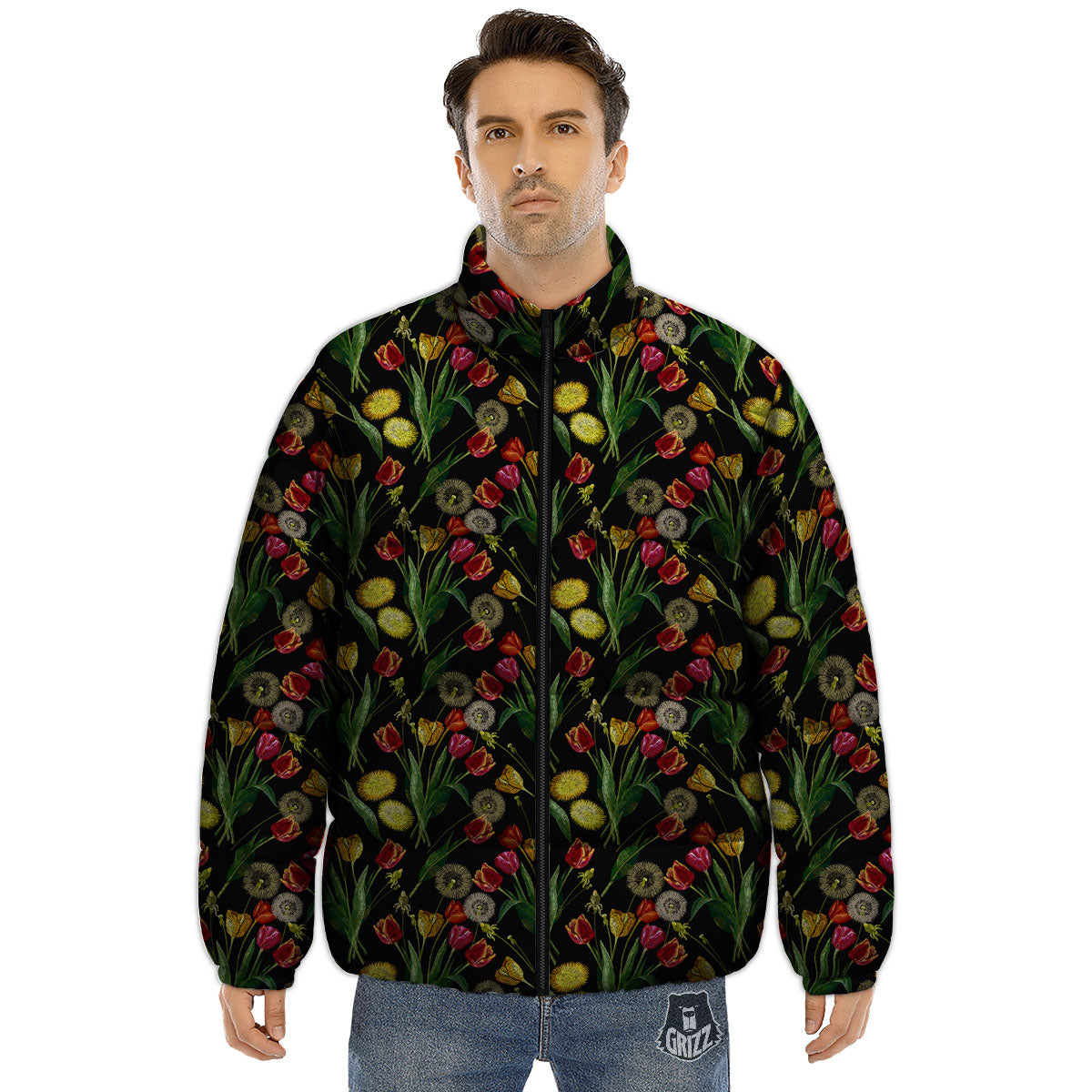 Tulip Embroidery Print Pattern Puffer Jacket-grizzshop