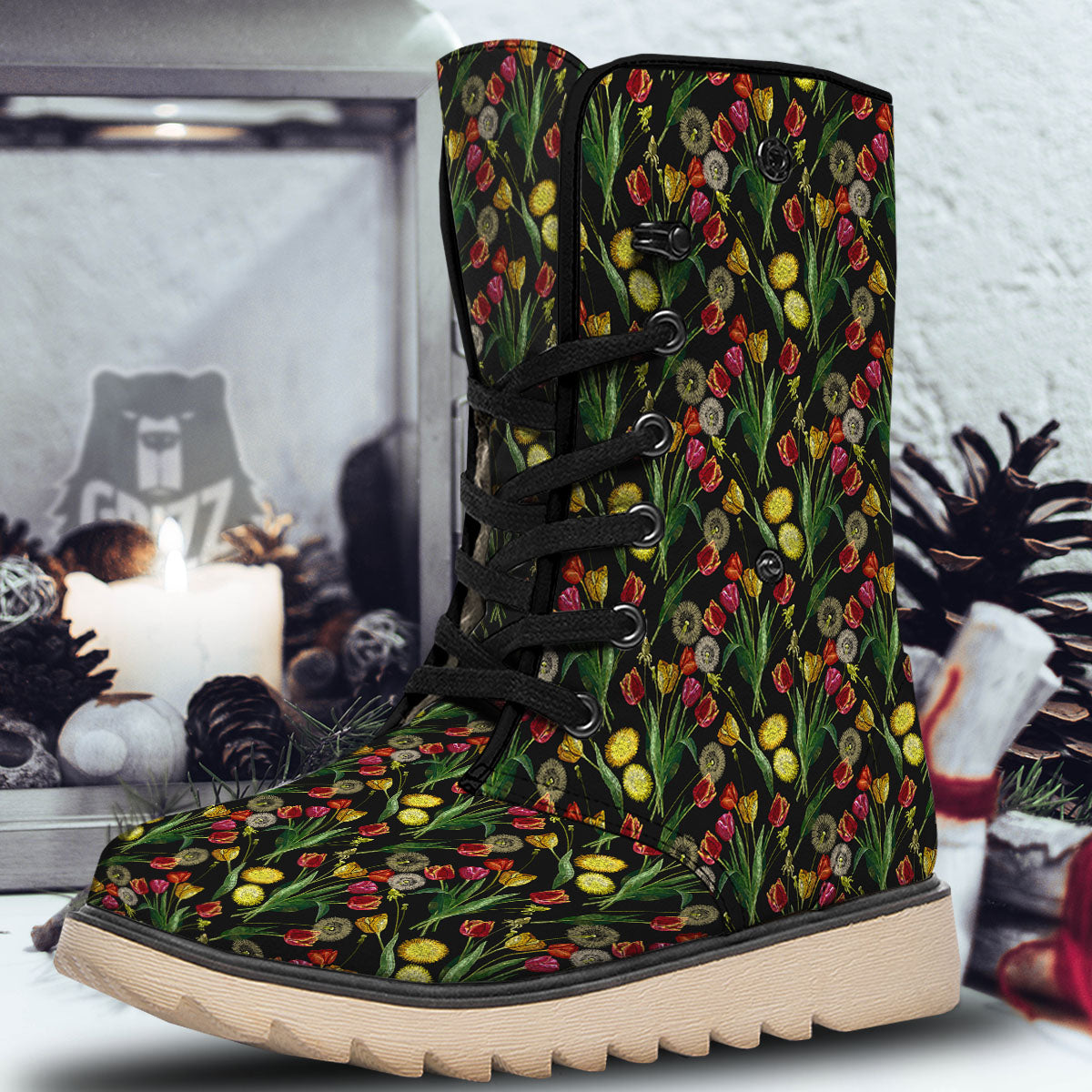 Tulip Embroidery Print Pattern Snow Boots-grizzshop