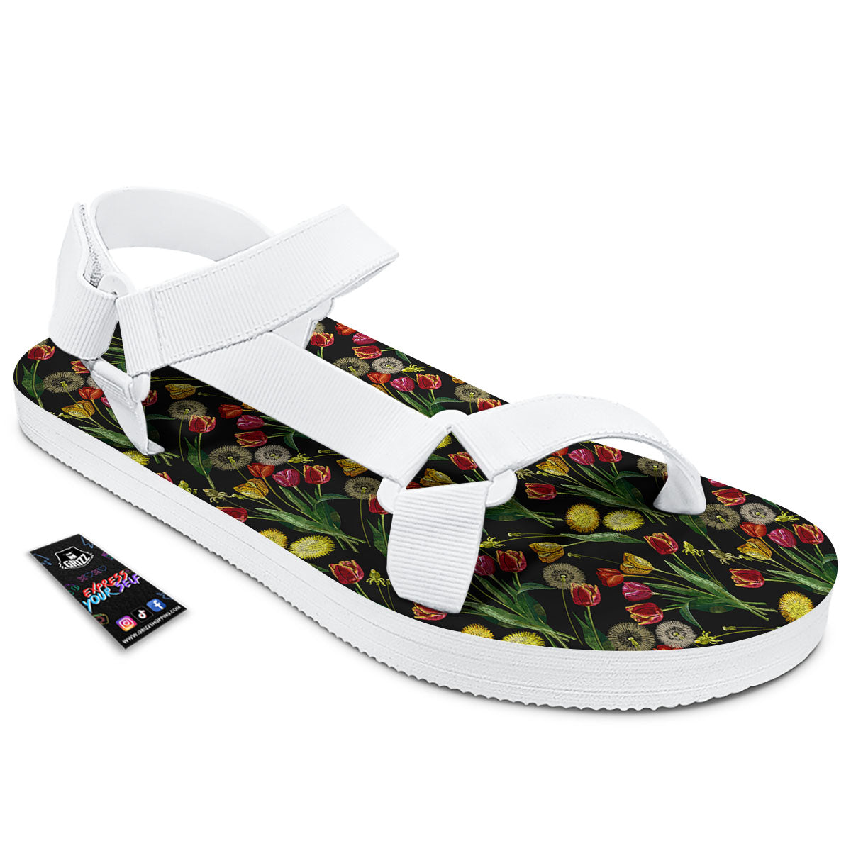 Tulip Embroidery Print Pattern White Open Toe Sandals-grizzshop