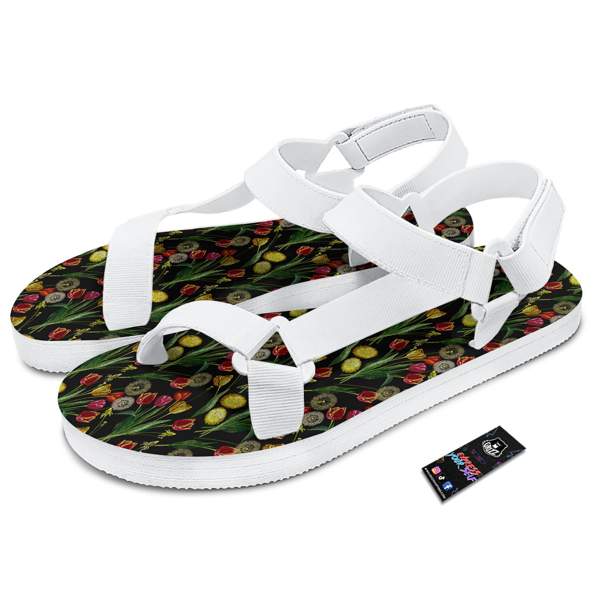 Tulip Embroidery Print Pattern White Open Toe Sandals-grizzshop