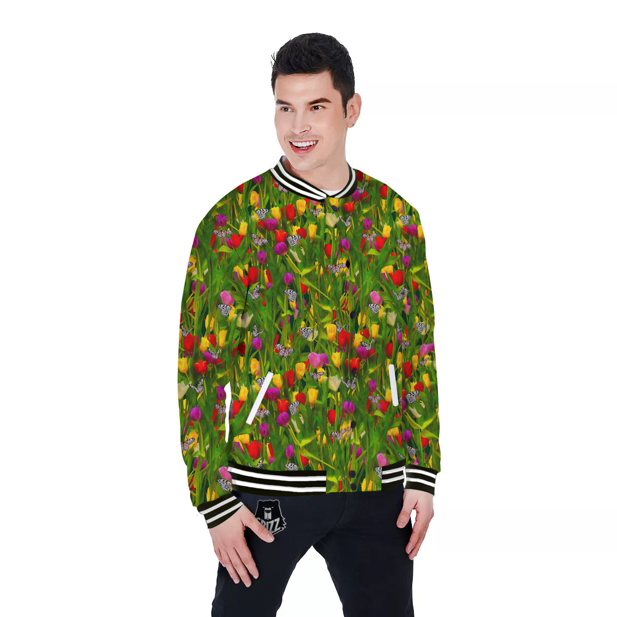 Tulip Field Print Pattern Baseball Jacket-grizzshop