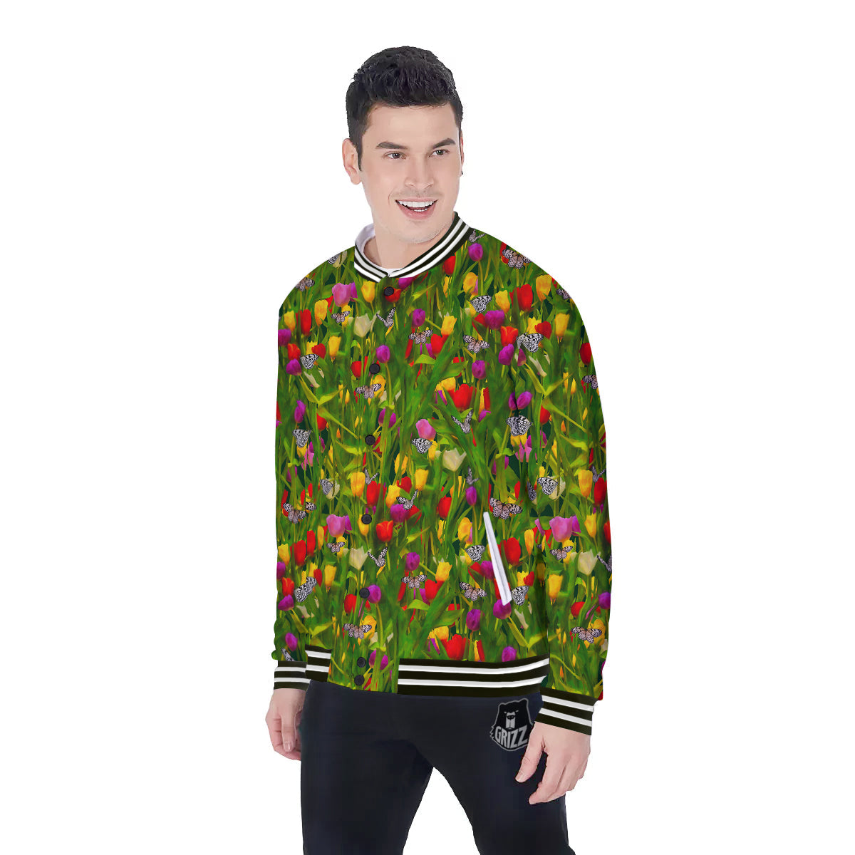 Tulip Field Print Pattern Baseball Jacket-grizzshop