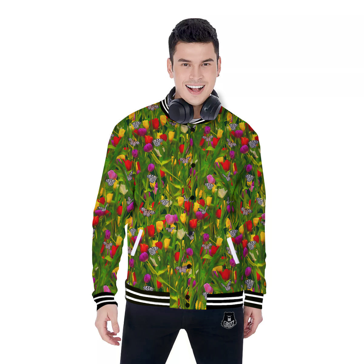 Tulip Field Print Pattern Baseball Jacket-grizzshop