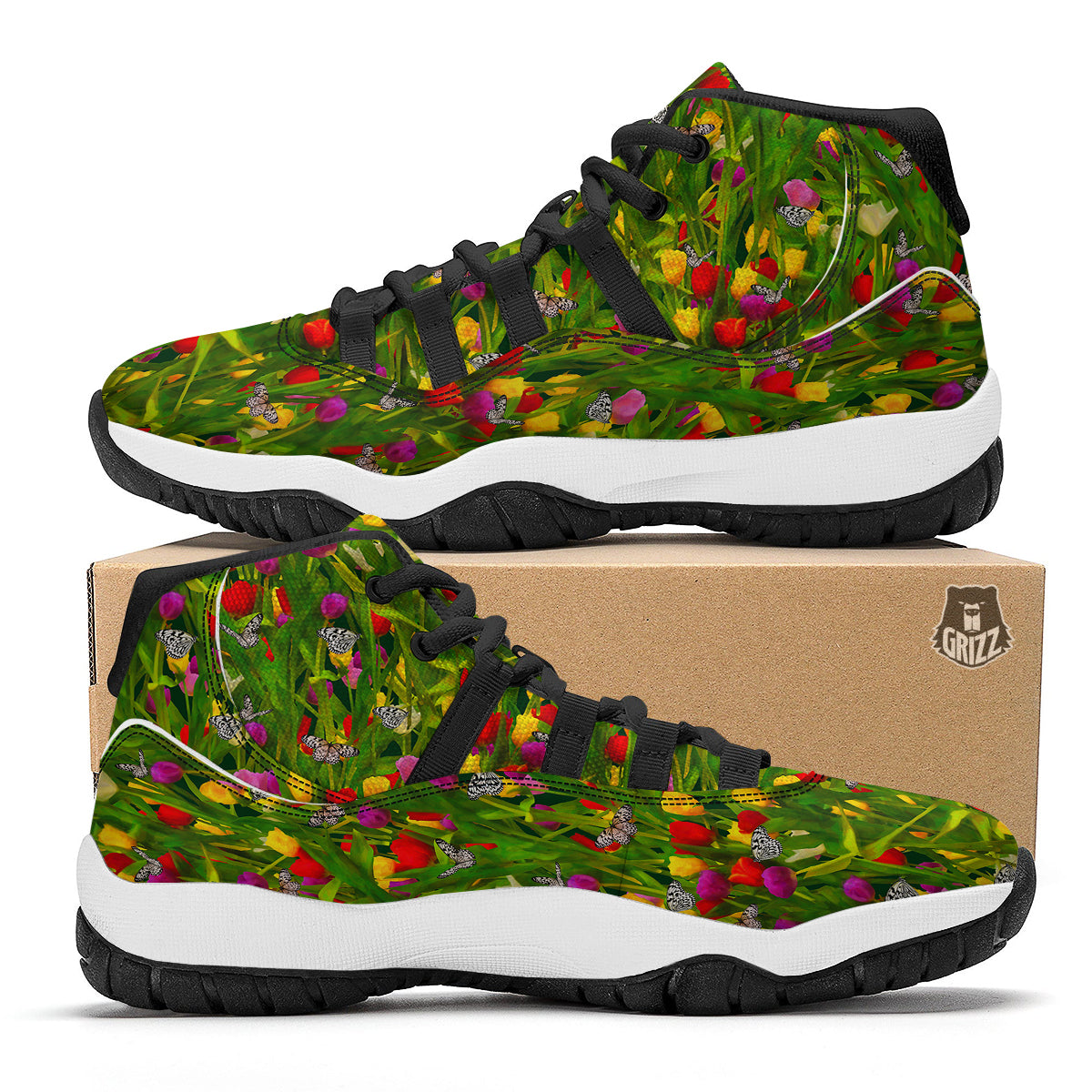 Tulip Field Print Pattern Black Bball Shoes-grizzshop