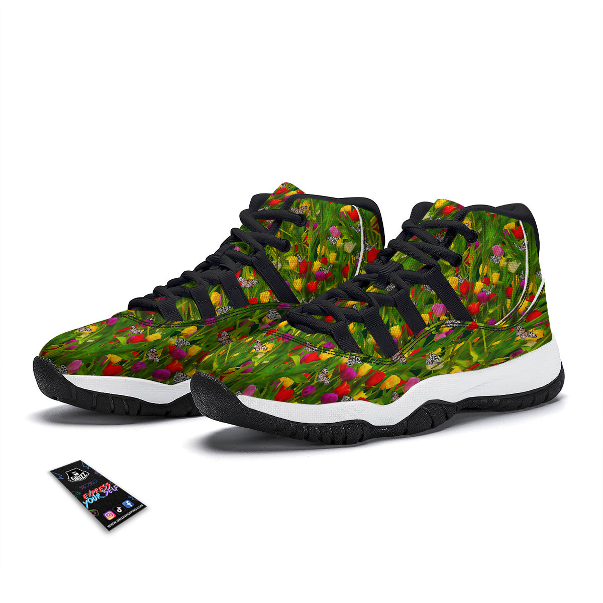 Tulip Field Print Pattern Black Bball Shoes-grizzshop