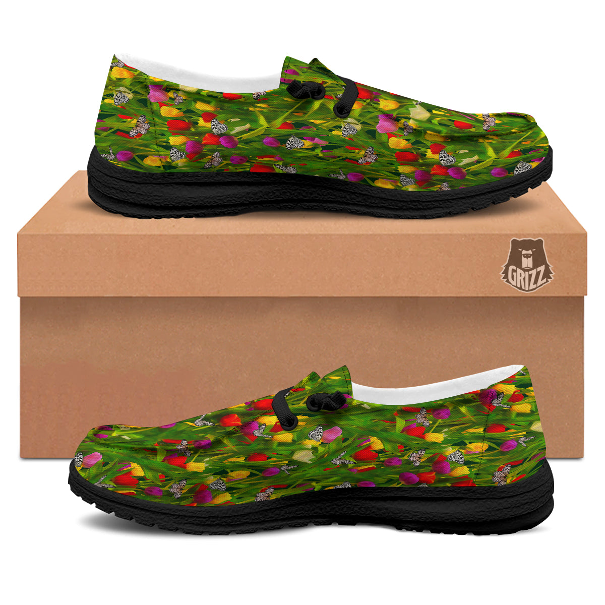 Tulip Field Print Pattern Black Loafers-grizzshop