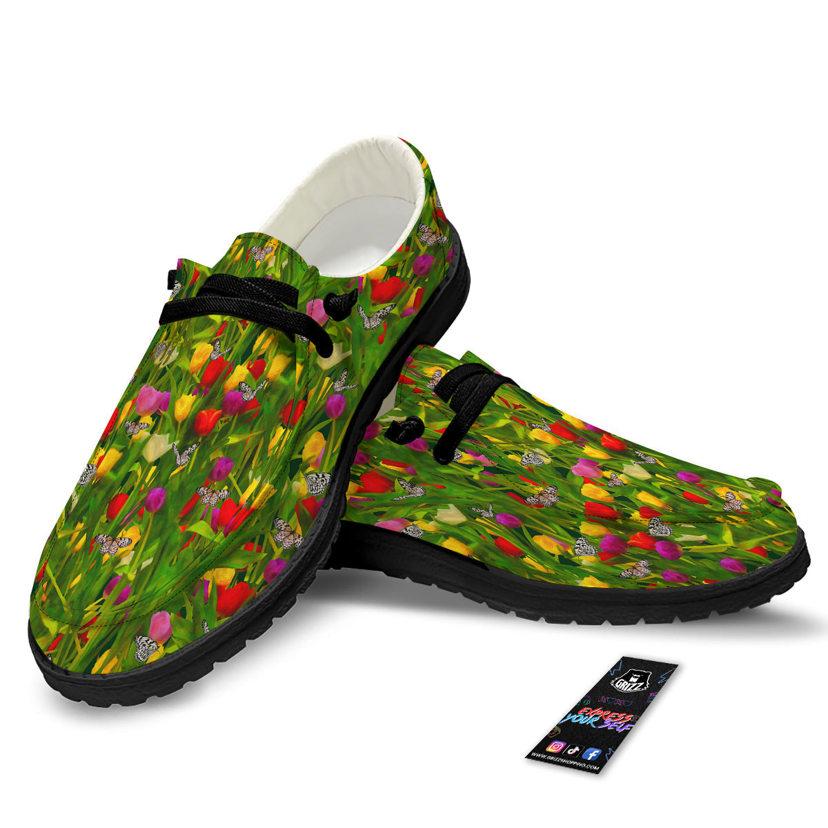 Tulip Field Print Pattern Black Loafers-grizzshop