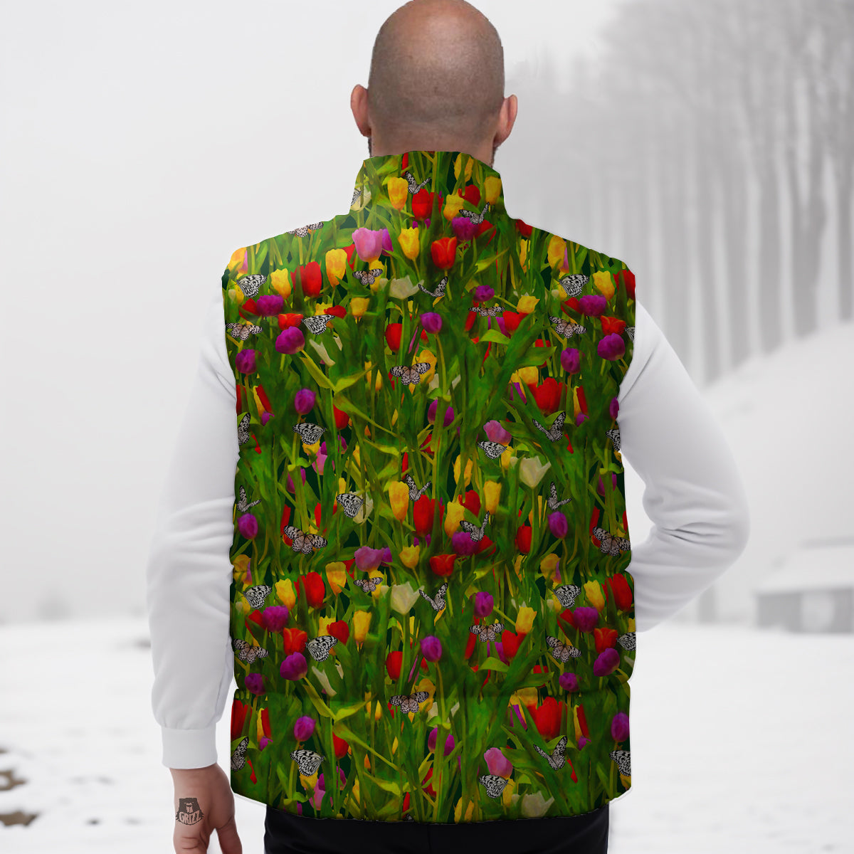Tulip Field Print Pattern Down Vest-grizzshop