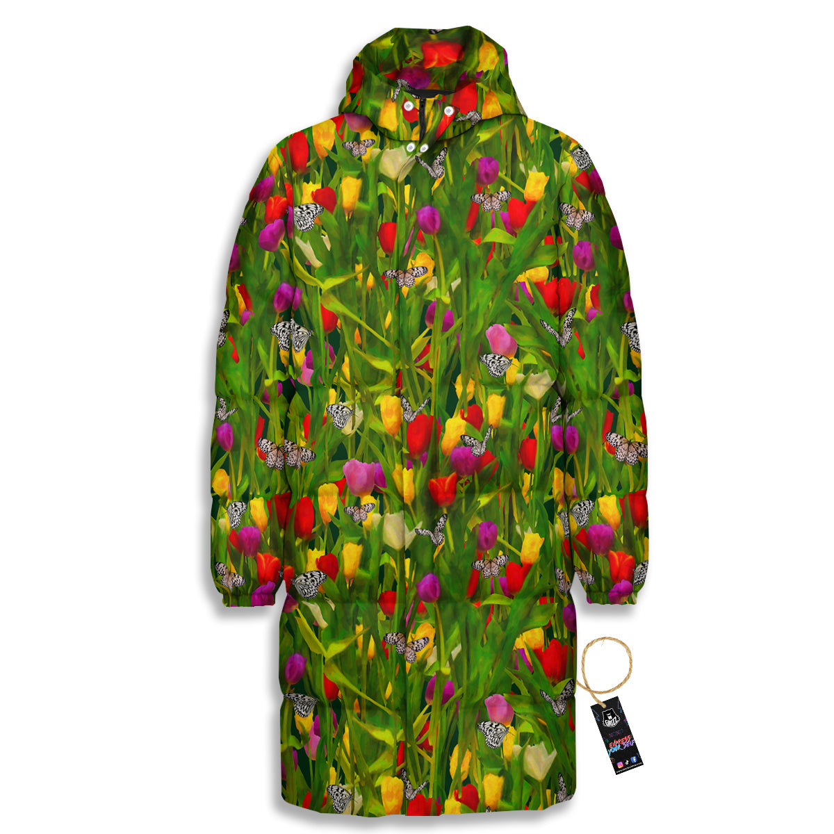 Tulip Field Print Pattern Long Down Jacket-grizzshop