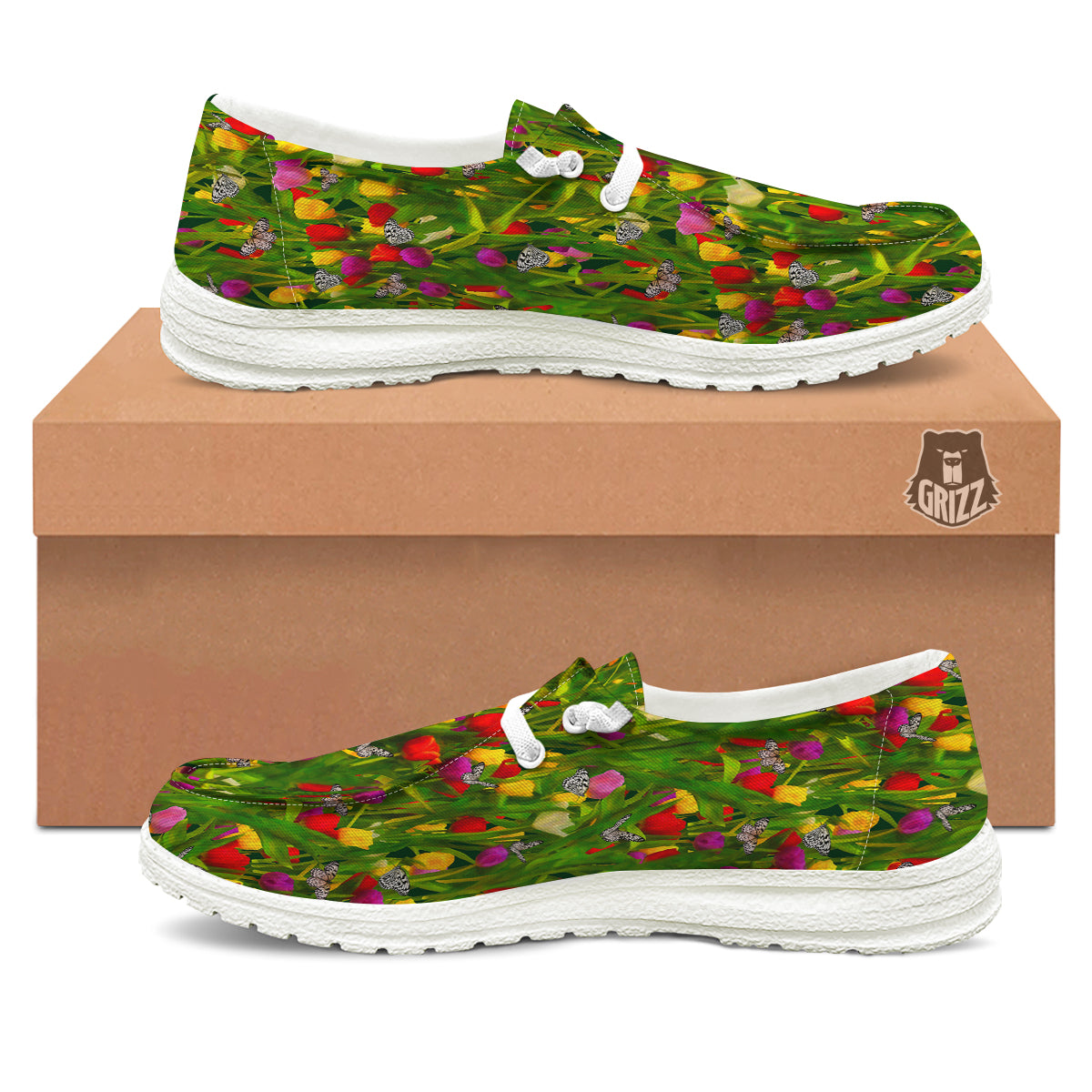 Tulip Field Print Pattern White Loafers-grizzshop