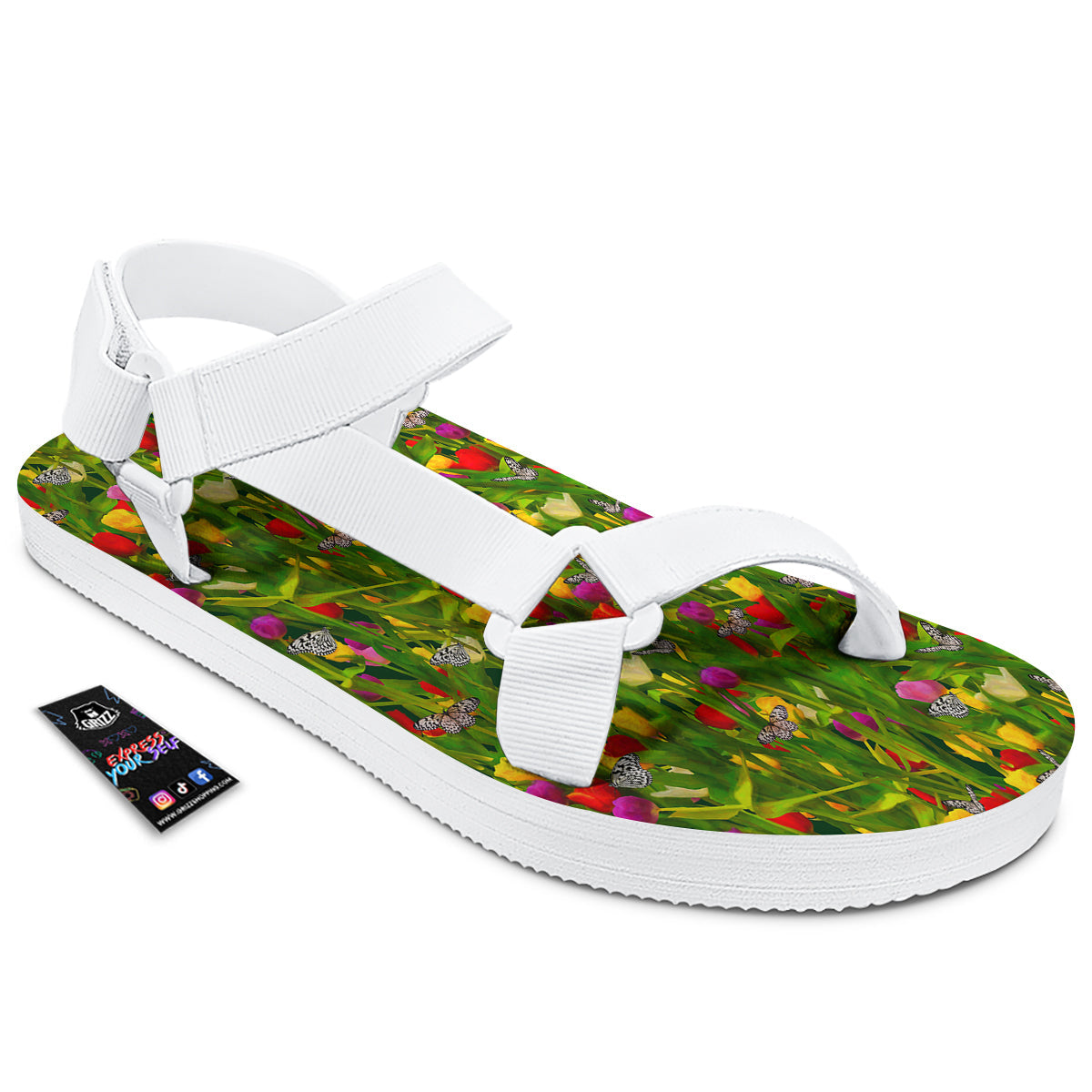 Tulip Field Print Pattern White Open Toe Sandals-grizzshop