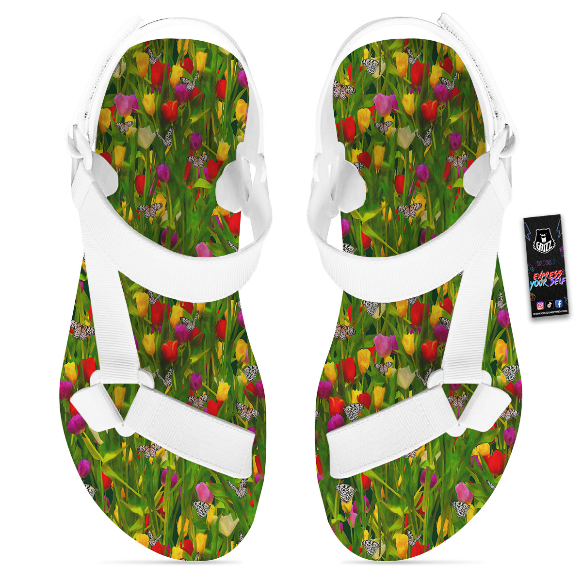 Tulip Field Print Pattern White Open Toe Sandals-grizzshop