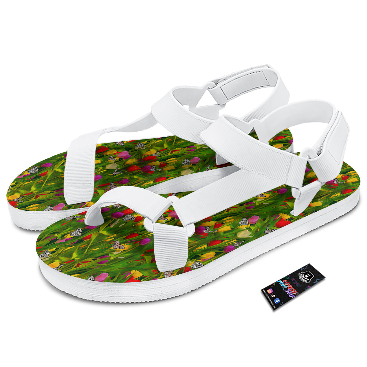 Tulip Field Print Pattern White Open Toe Sandals-grizzshop