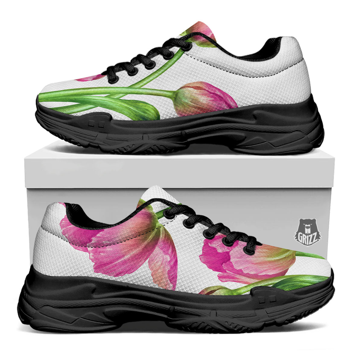 Tulip Flower Pink Watercolor Print Black Chunky Shoes-grizzshop