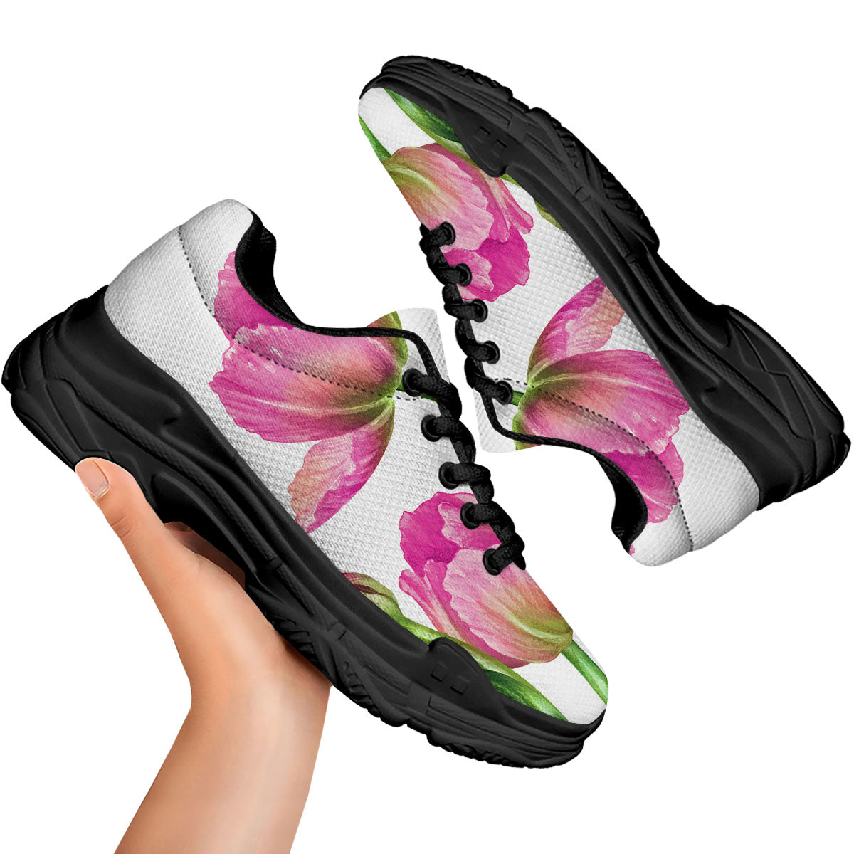 Tulip Flower Pink Watercolor Print Black Chunky Shoes-grizzshop