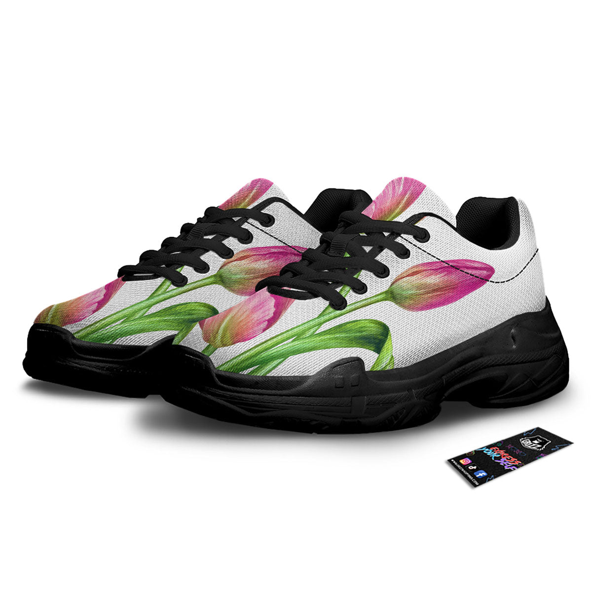 Tulip Flower Pink Watercolor Print Black Chunky Shoes-grizzshop