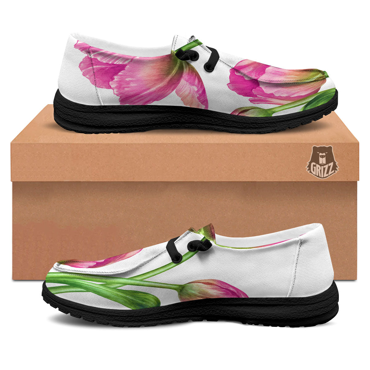 Tulip Flower Pink Watercolor Print Black Loafers-grizzshop