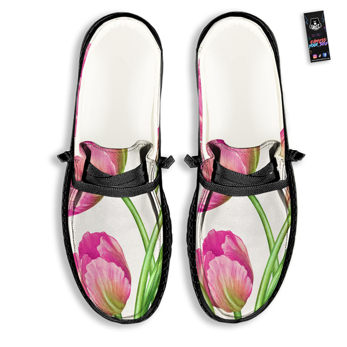 Tulip Flower Pink Watercolor Print Black Loafers-grizzshop