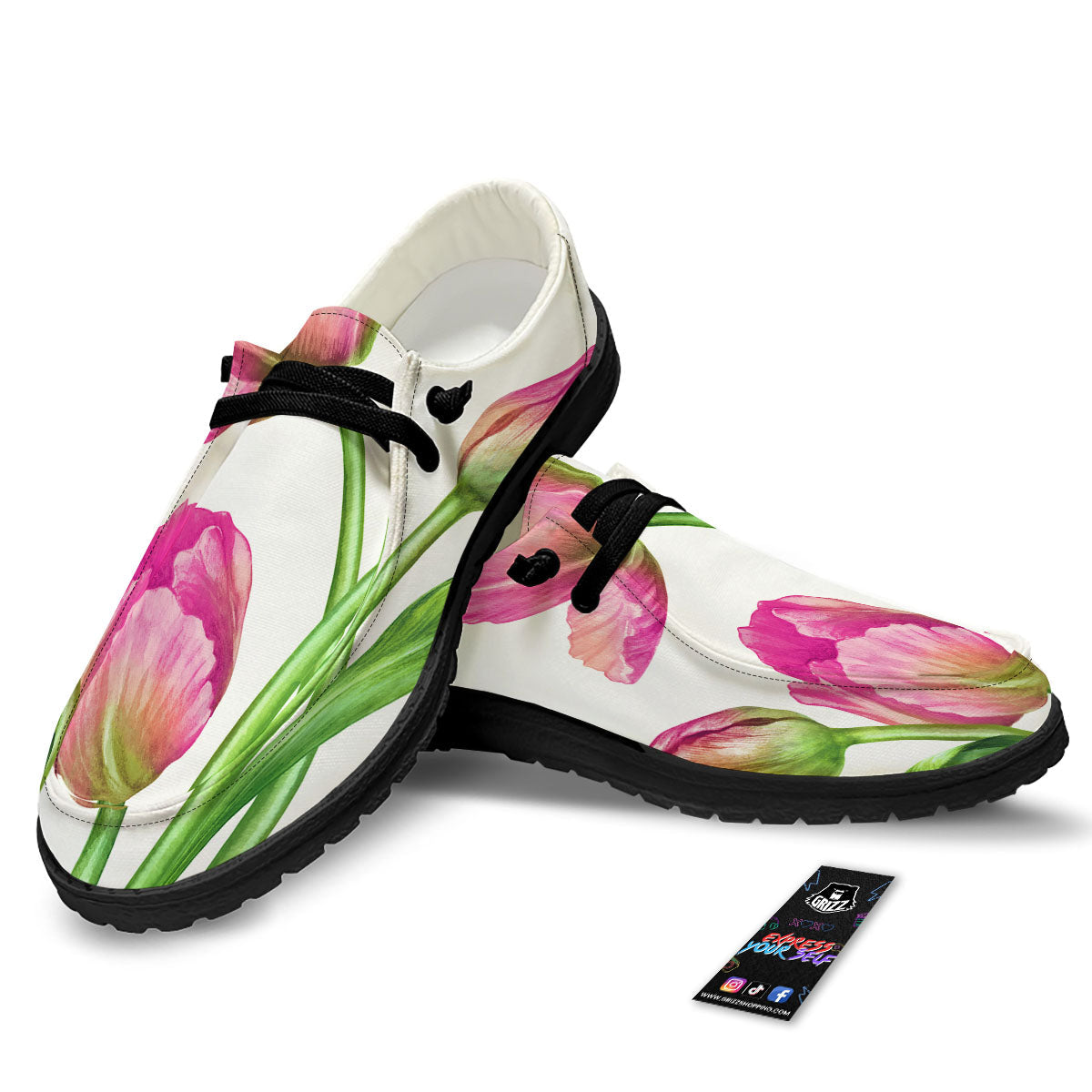 Tulip Flower Pink Watercolor Print Black Loafers-grizzshop