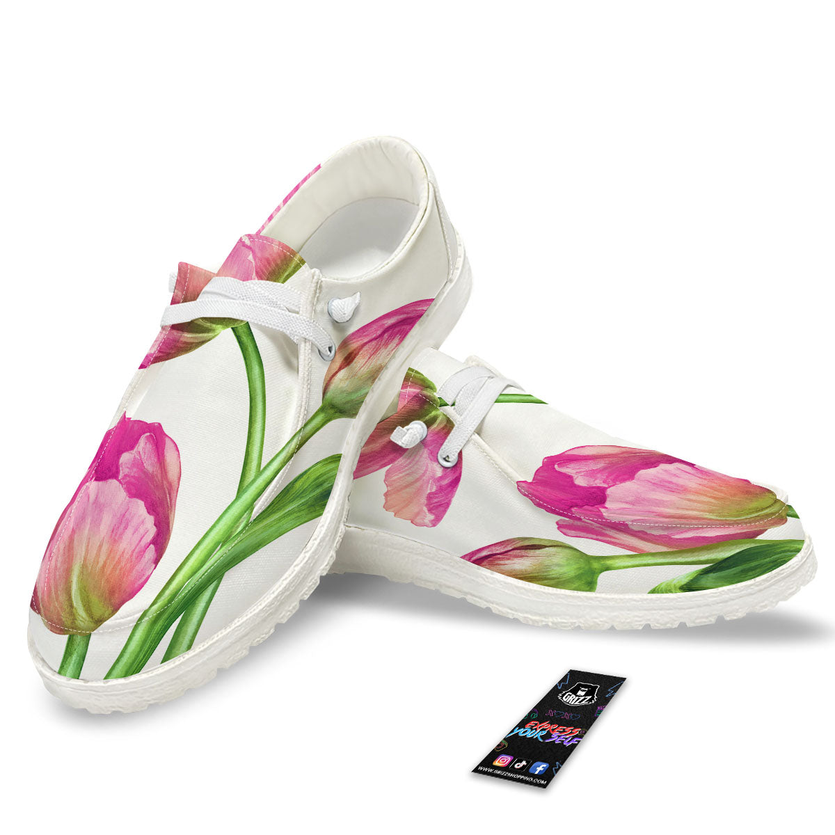 Tulip Flower Pink Watercolor Print Black Loafers-grizzshop