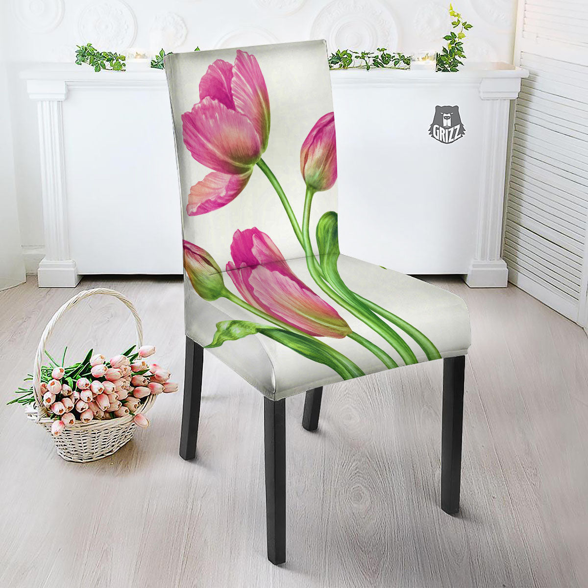 Tulip Flower Pink Watercolor Print Dining Chair Slipcover-grizzshop