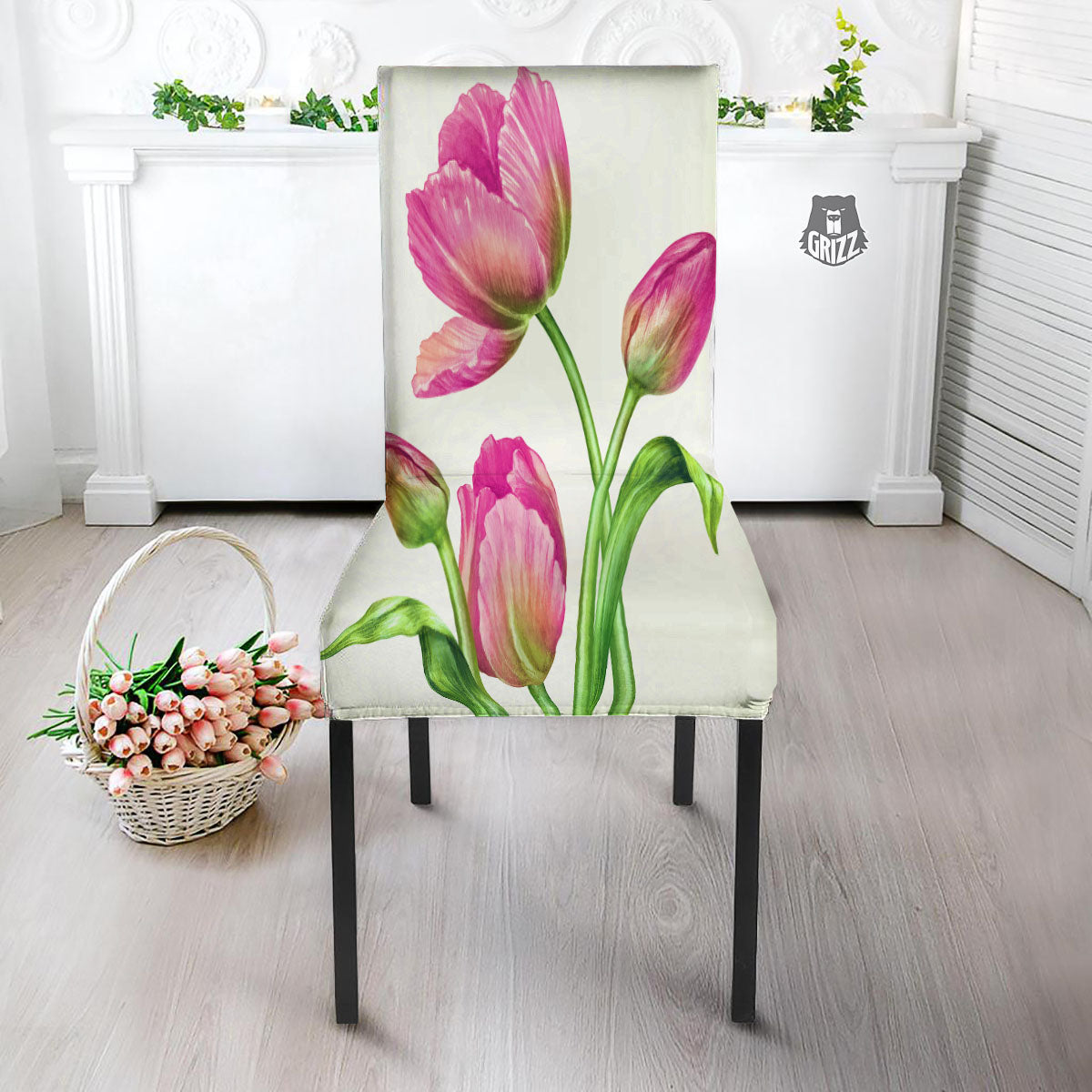 Tulip Flower Pink Watercolor Print Dining Chair Slipcover-grizzshop