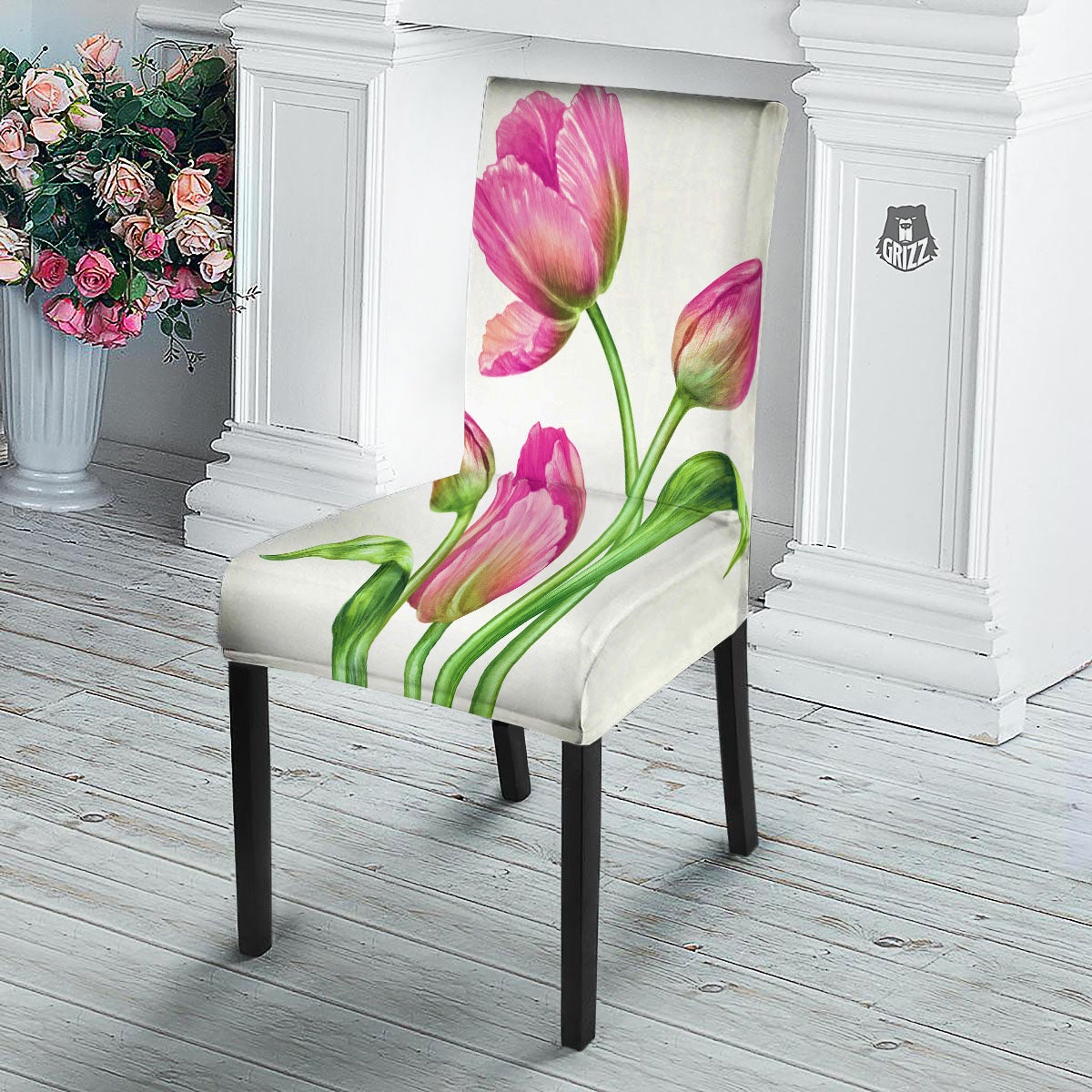 Tulip Flower Pink Watercolor Print Dining Chair Slipcover-grizzshop