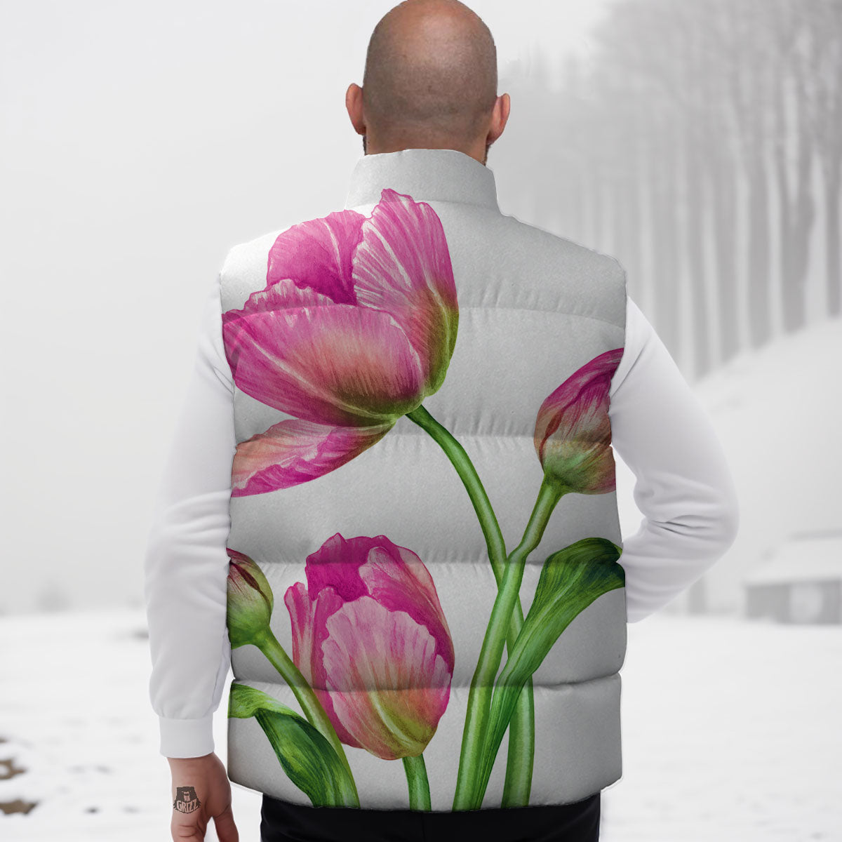 Tulip Flower Pink Watercolor Print Down Vest-grizzshop