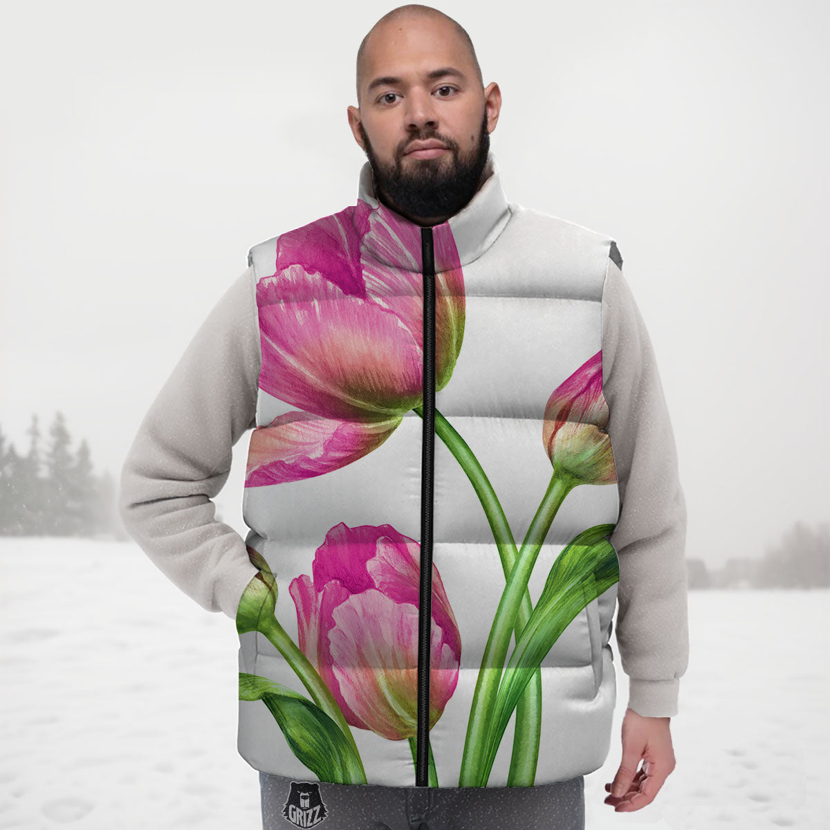 Tulip Flower Pink Watercolor Print Down Vest-grizzshop