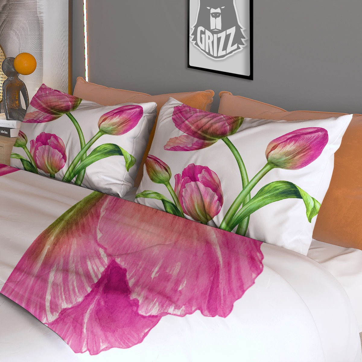 Tulip Flower Pink Watercolor Print Duvet Cover Bedding Set-grizzshop