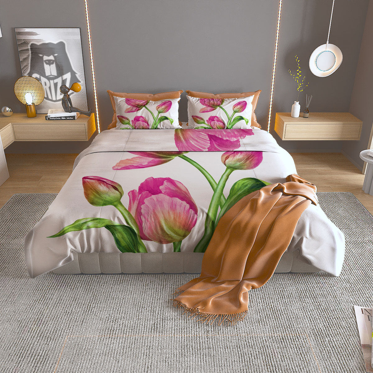 Tulip Flower Pink Watercolor Print Duvet Cover Bedding Set-grizzshop