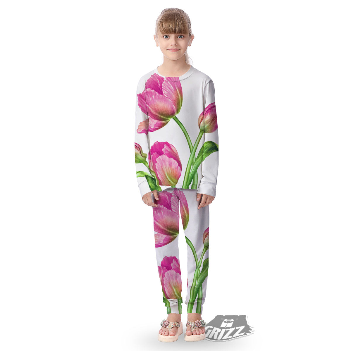 Tulip Flower Pink Watercolor Print Kid's Pajamas-grizzshop