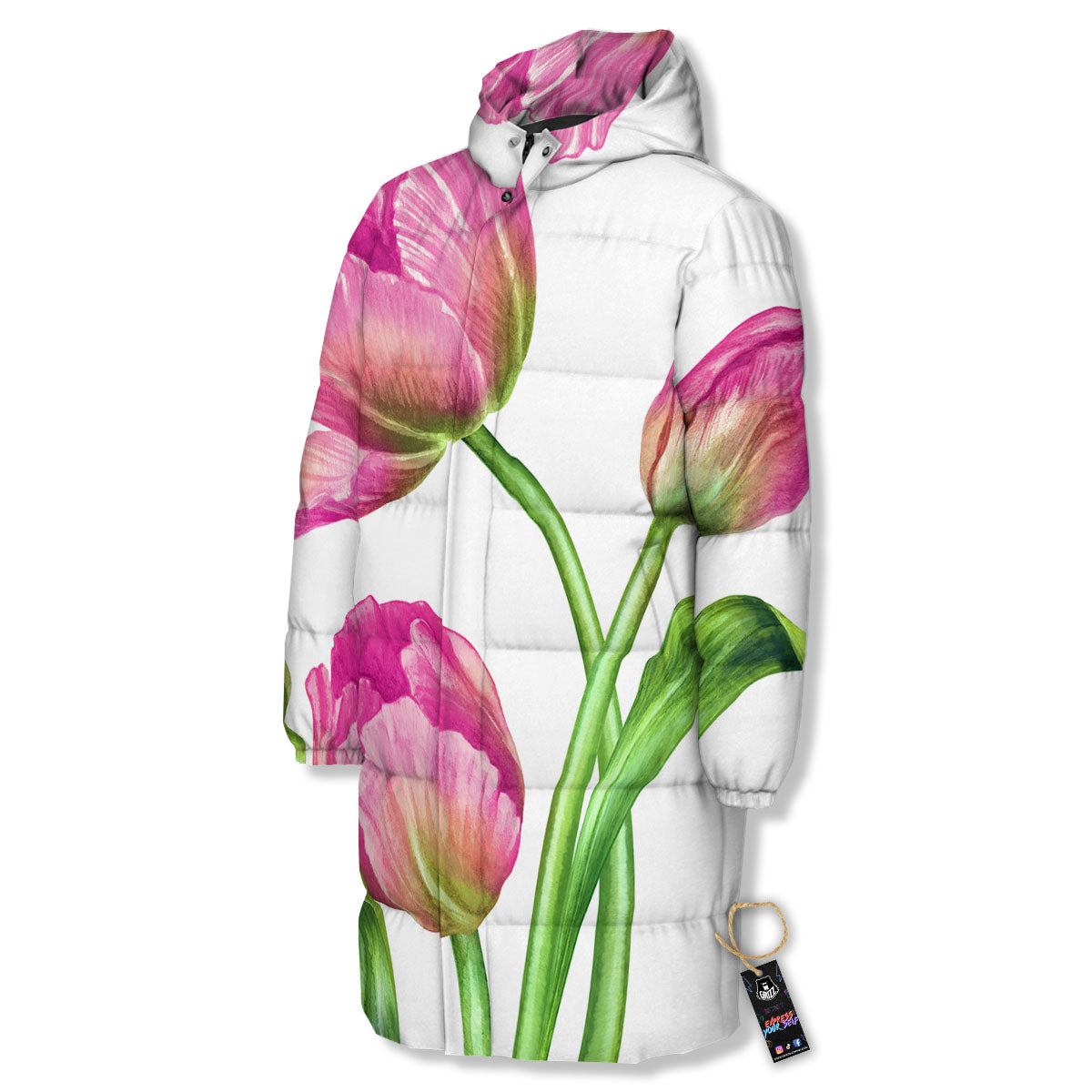 Tulip Flower Pink Watercolor Print Long Down Jacket-grizzshop