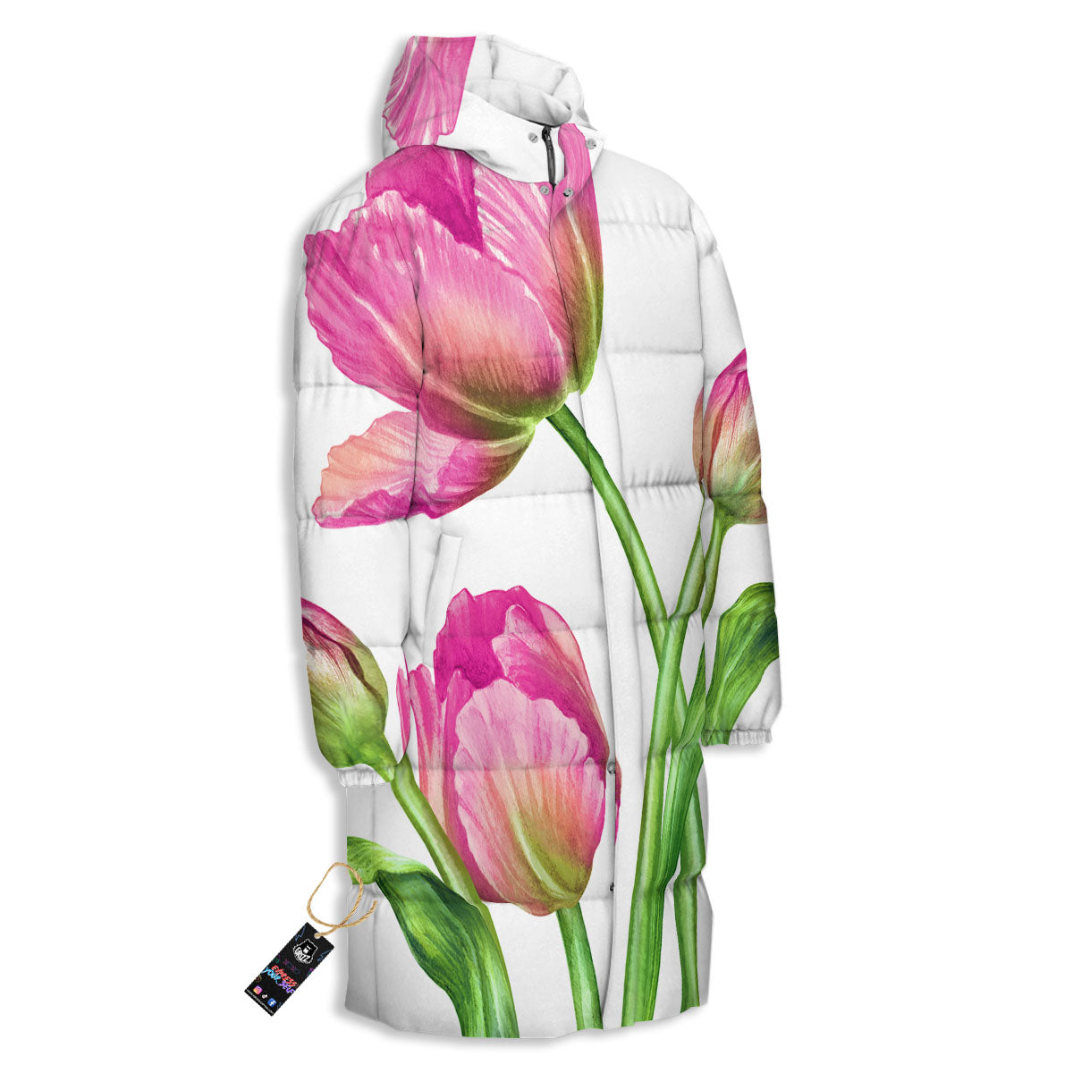 Tulip Flower Pink Watercolor Print Long Down Jacket-grizzshop