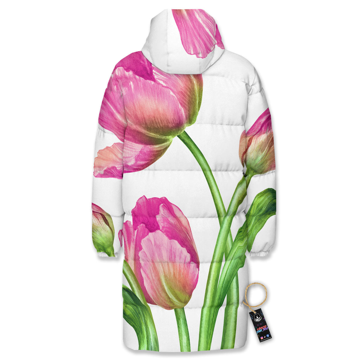 Tulip Flower Pink Watercolor Print Long Down Jacket-grizzshop