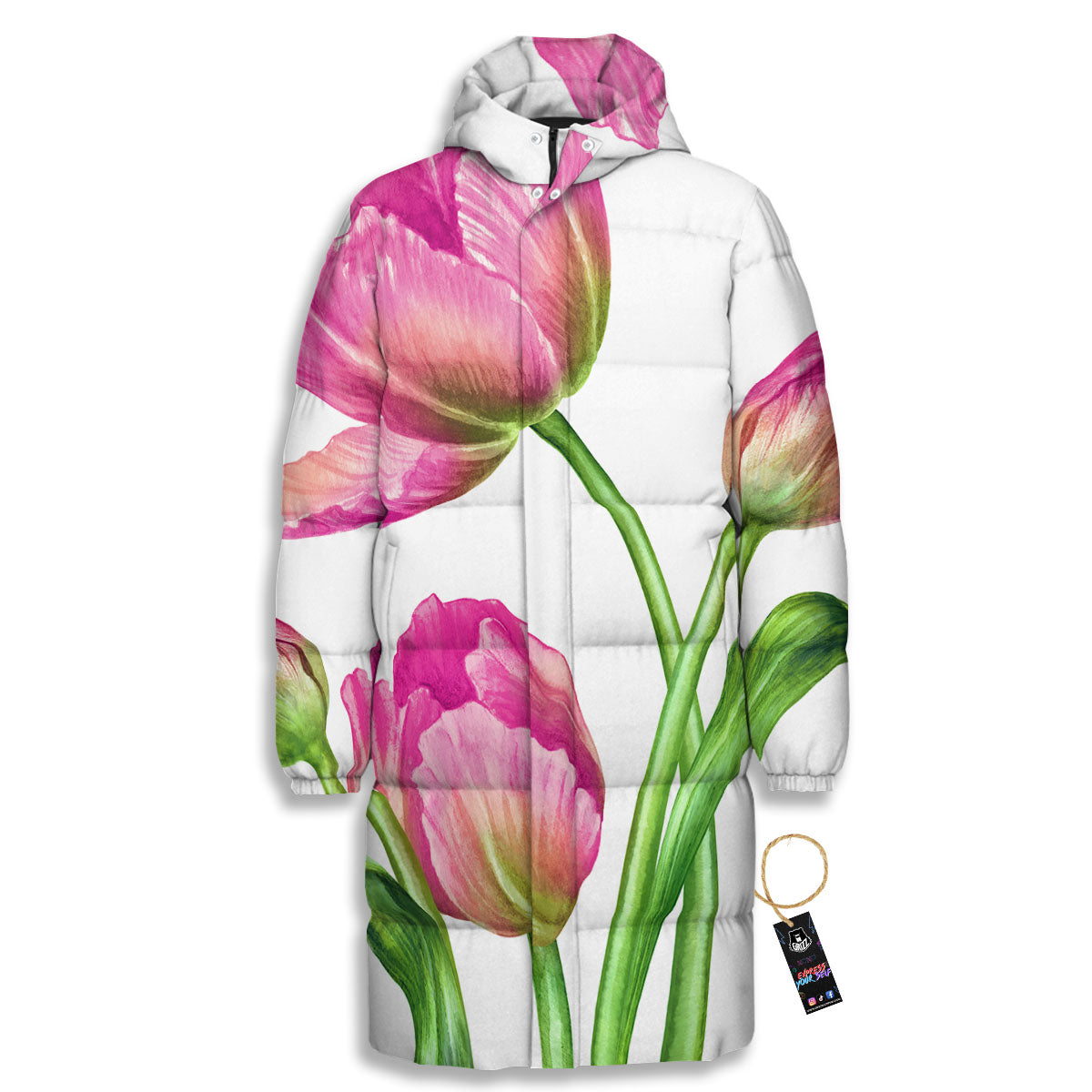 Tulip Flower Pink Watercolor Print Long Down Jacket-grizzshop