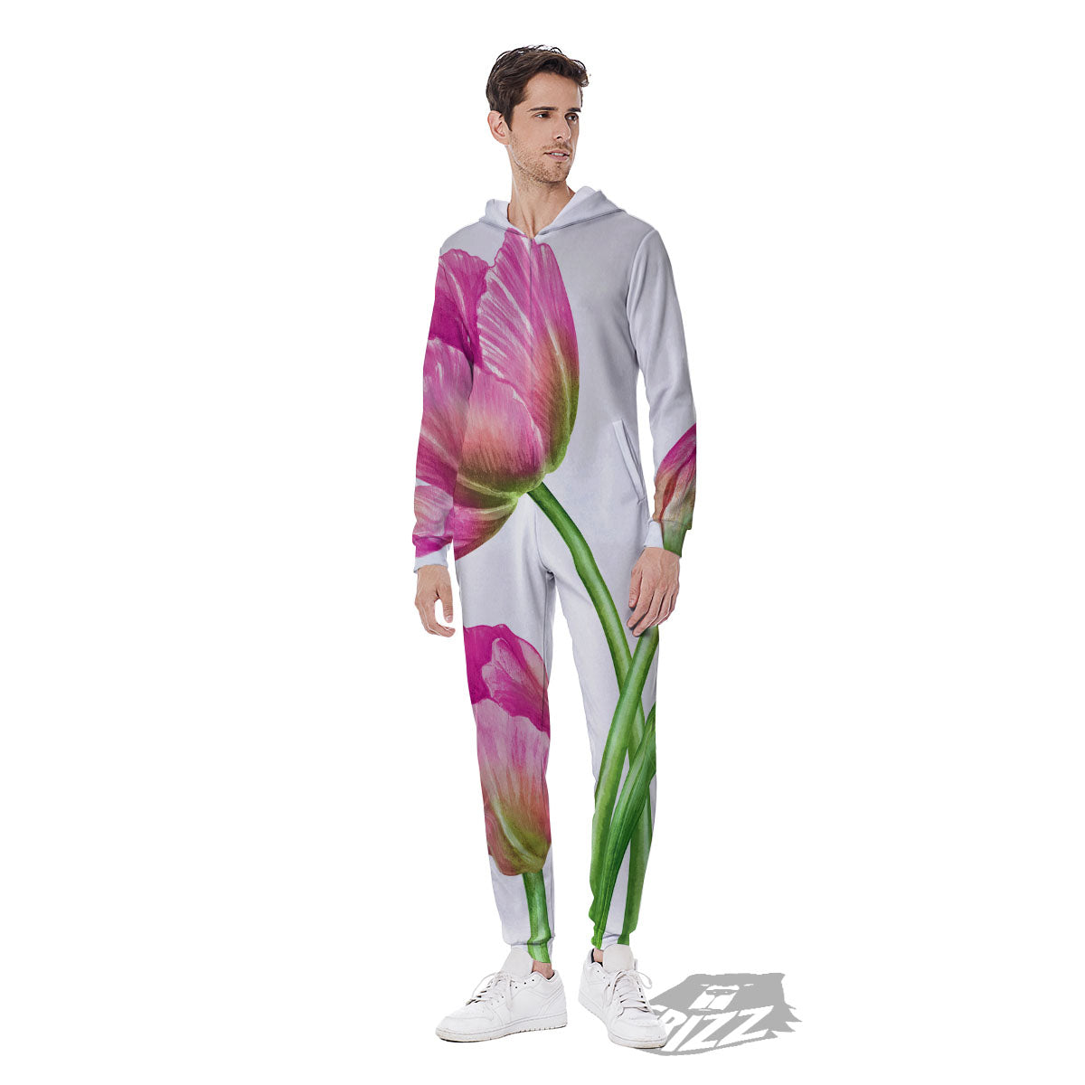 Tulip Flower Pink Watercolor Print Men's Jumpsuit-grizzshop
