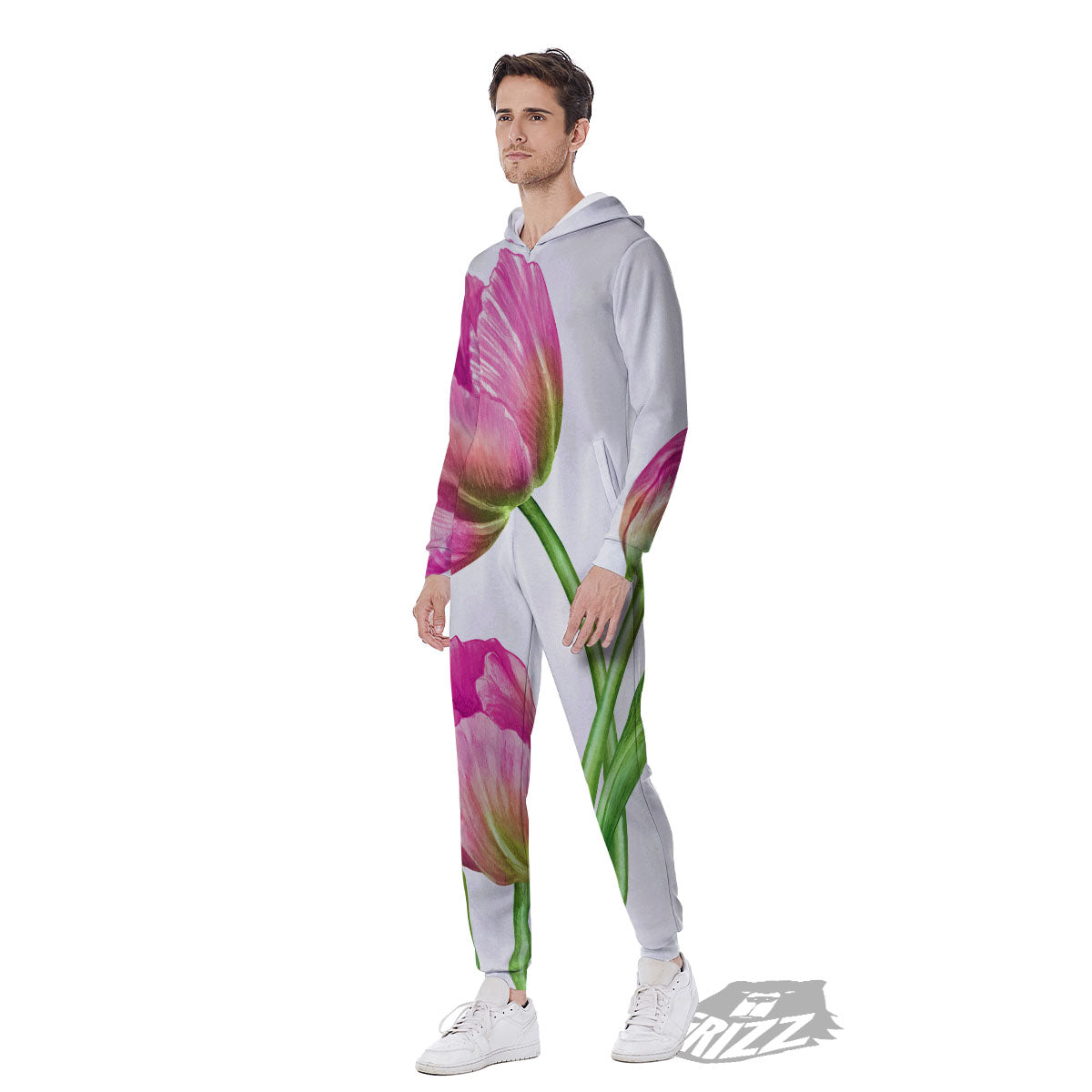 Tulip Flower Pink Watercolor Print Men's Jumpsuit-grizzshop