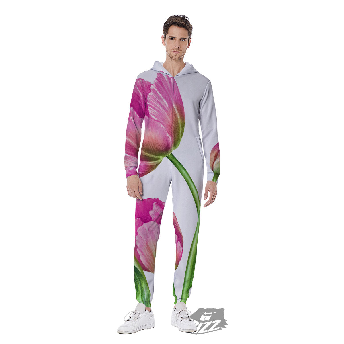 Tulip Flower Pink Watercolor Print Men's Jumpsuit-grizzshop