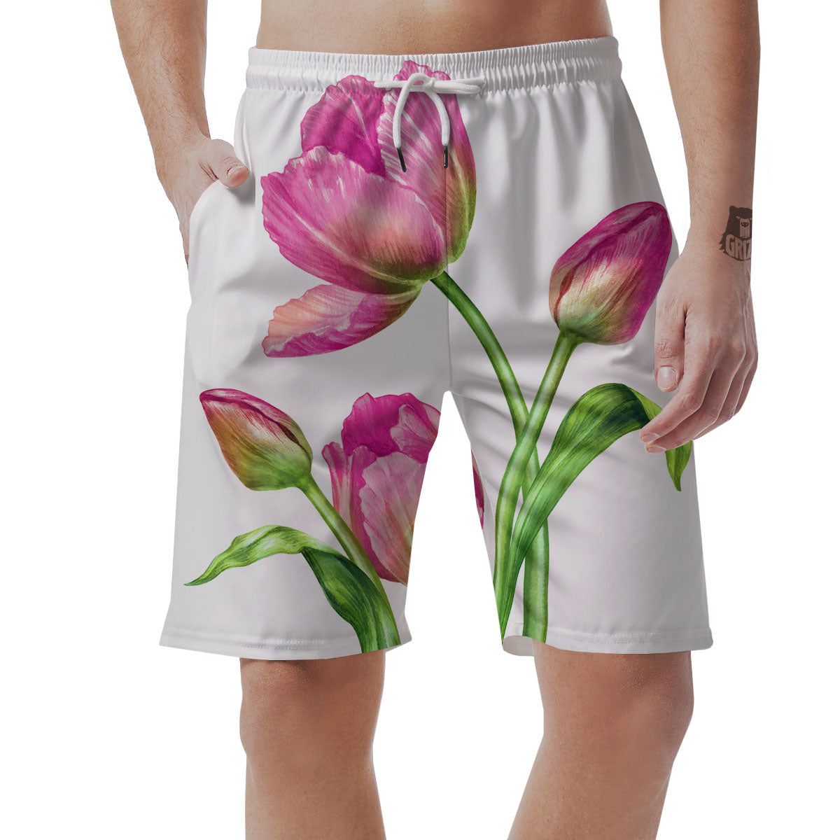 Tulip Flower Pink Watercolor Print Men's Shorts-grizzshop