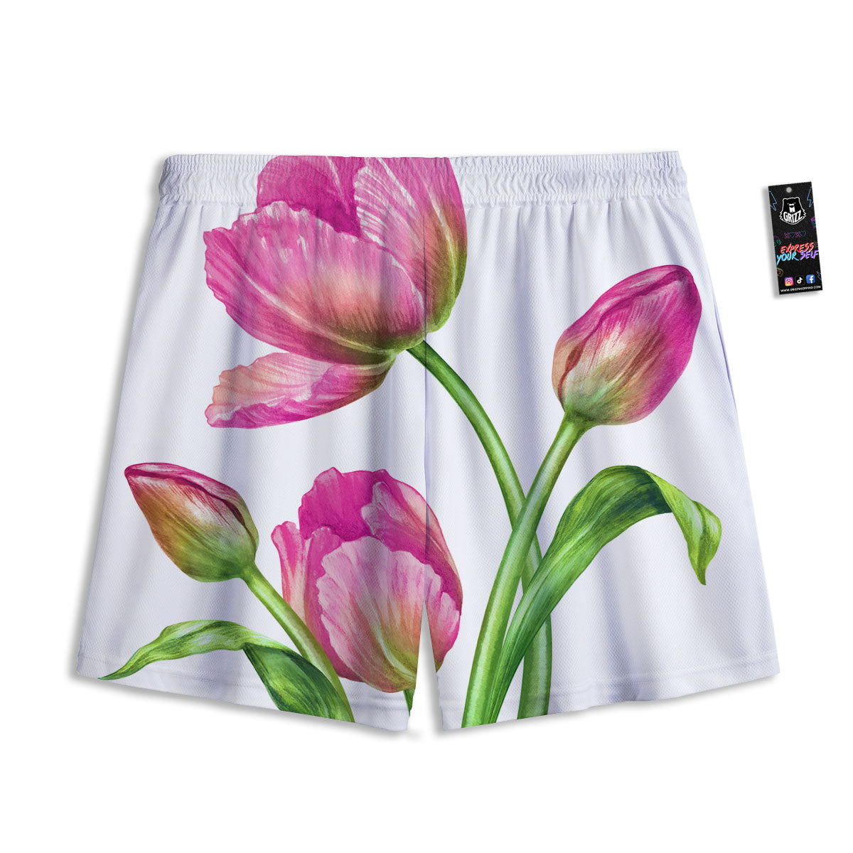 Tulip Flower Pink Watercolor Print Mesh Shorts-grizzshop