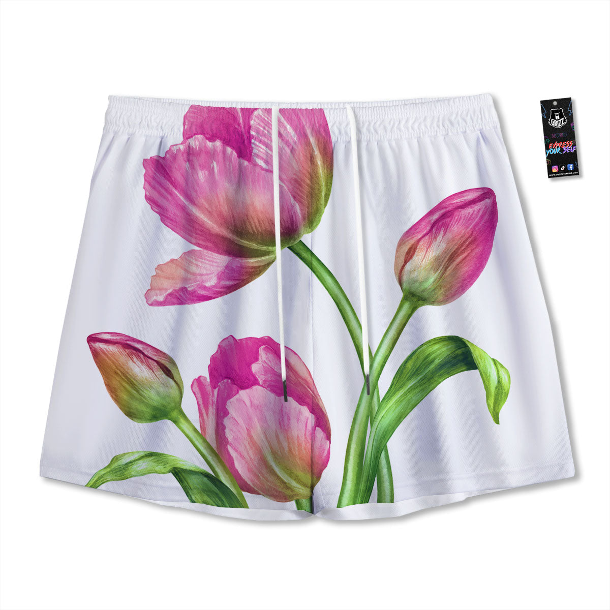 Tulip Flower Pink Watercolor Print Mesh Shorts-grizzshop