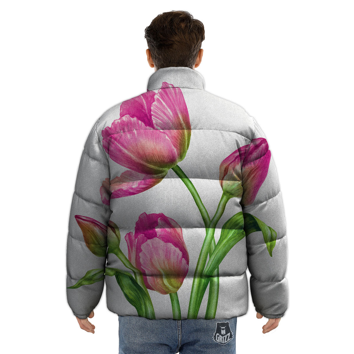 Tulip Flower Pink Watercolor Print Puffer Jacket-grizzshop
